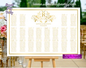 Gold Seating Chart with monogram,Gold Wedding Seating Plan,(112w)